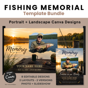 Fishing memorial Canva template bundle with portrait and landscape tribute designs